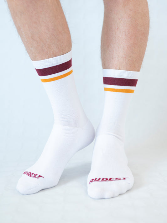 The Rudest Retro Full Terry Socks - Burgundy + Yellow
